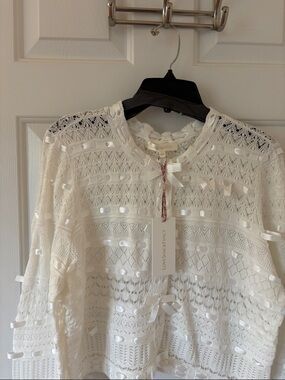 LoveShackFancy White Ribbon-Trim Crochet sweater laced throughout with ribbon